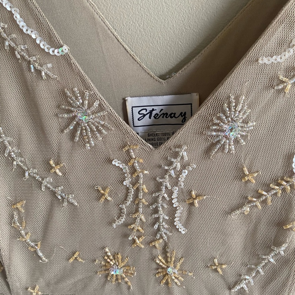 Vtg 90s‎ STENAY Slip Dress L Mesh Taupe Beaded Fairycorre Midi Evening Gown - Picture 4 of 11